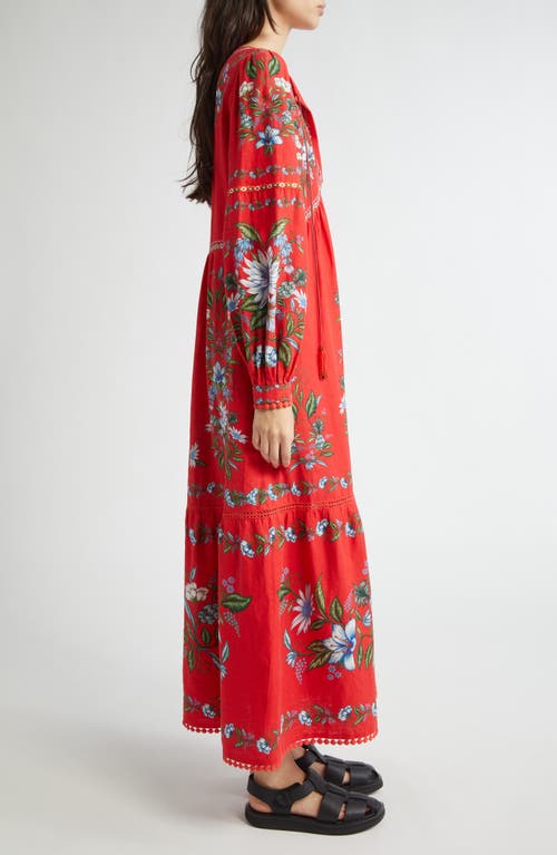 Farm Rio Sweet Bloom Long Sleeve Linen Blend Tiered Maxi Dress In Red
