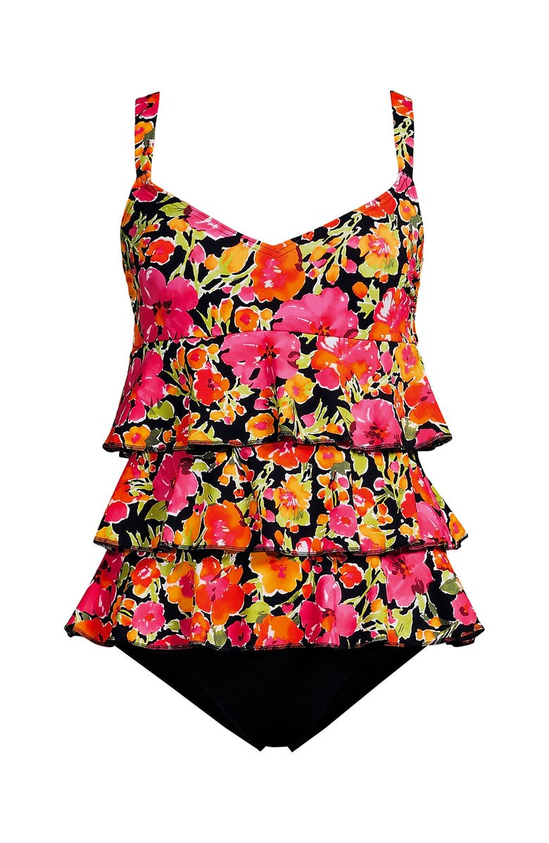 Lands' End Smoothing Control Ruffle Fauxkini One Piece Swimsuit, Alternate, color, Painted Blooms/Black