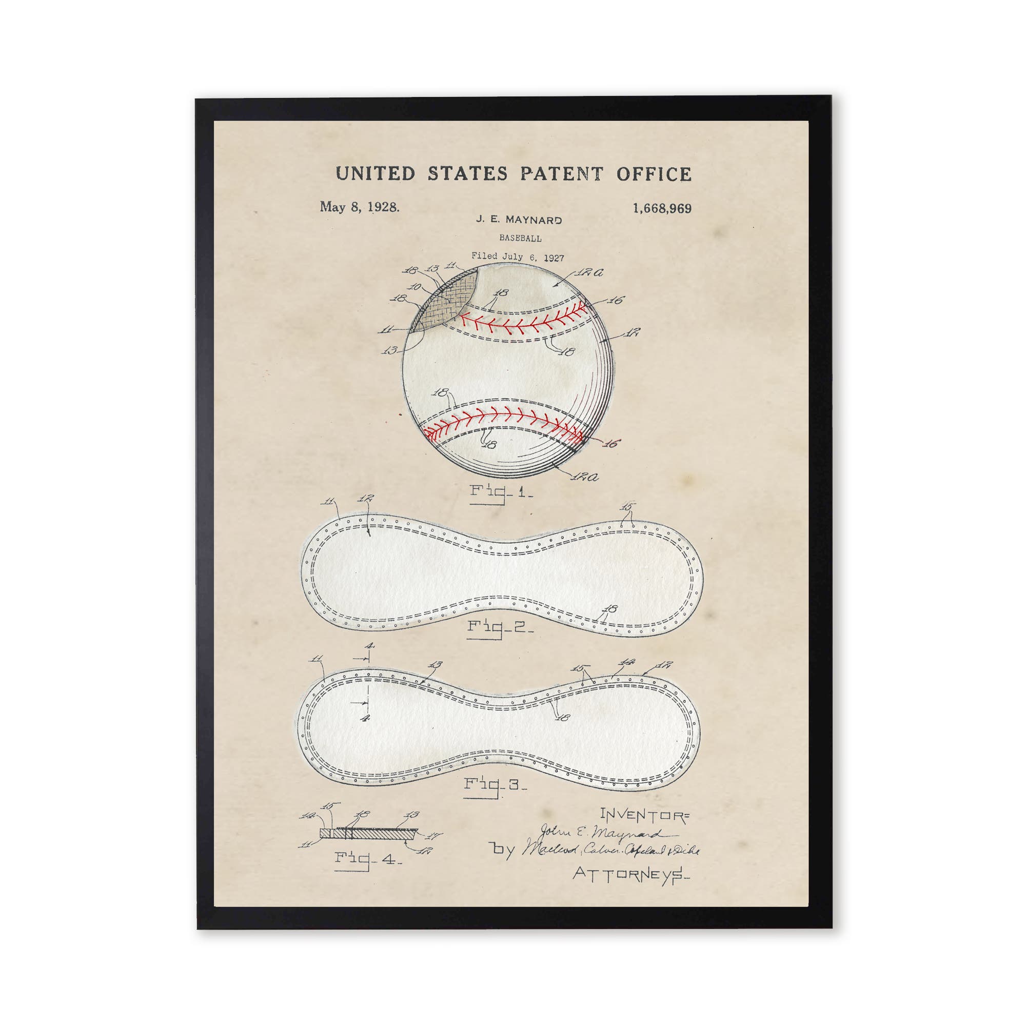 Antique Curiosities Baseball Patent in Black Frame in Multi 