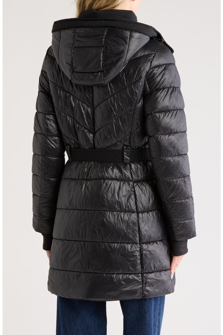 Hooded Belted Long Puffer Jacket, Alternate, color, BLACK