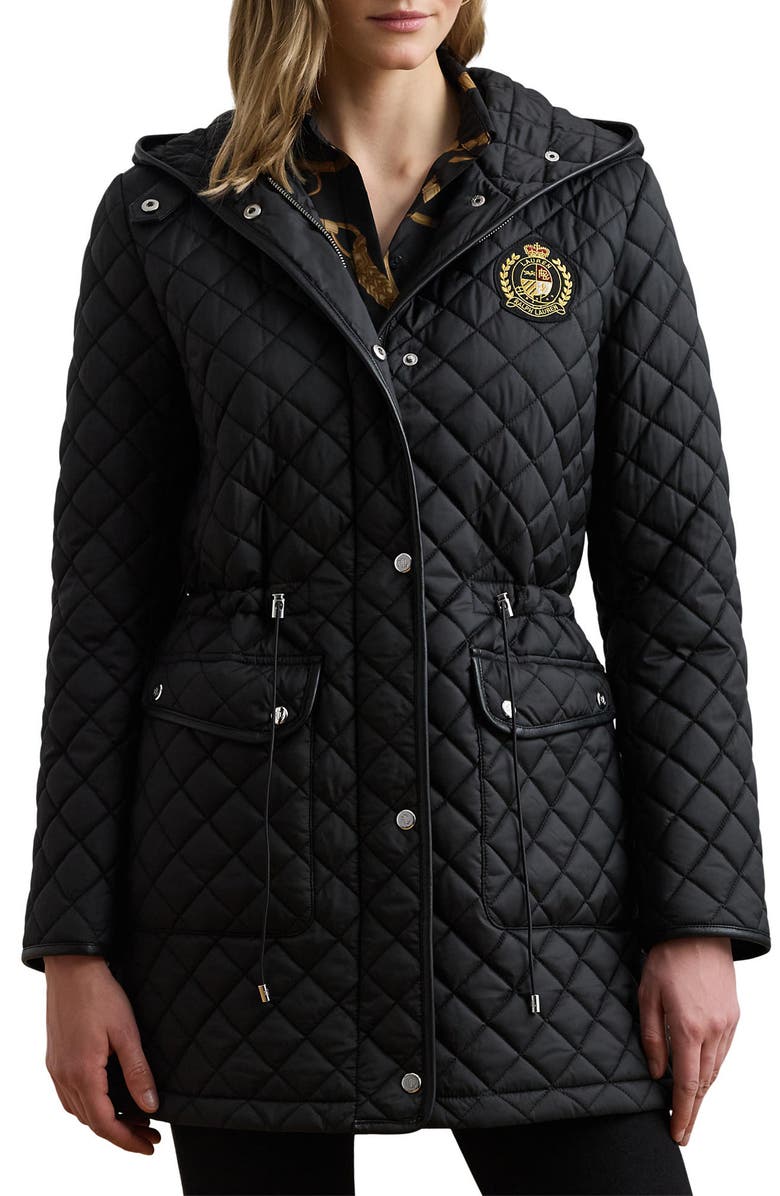 Lauren Ralph Lauren Logo Patch Quilted Coat, Main, color, Black