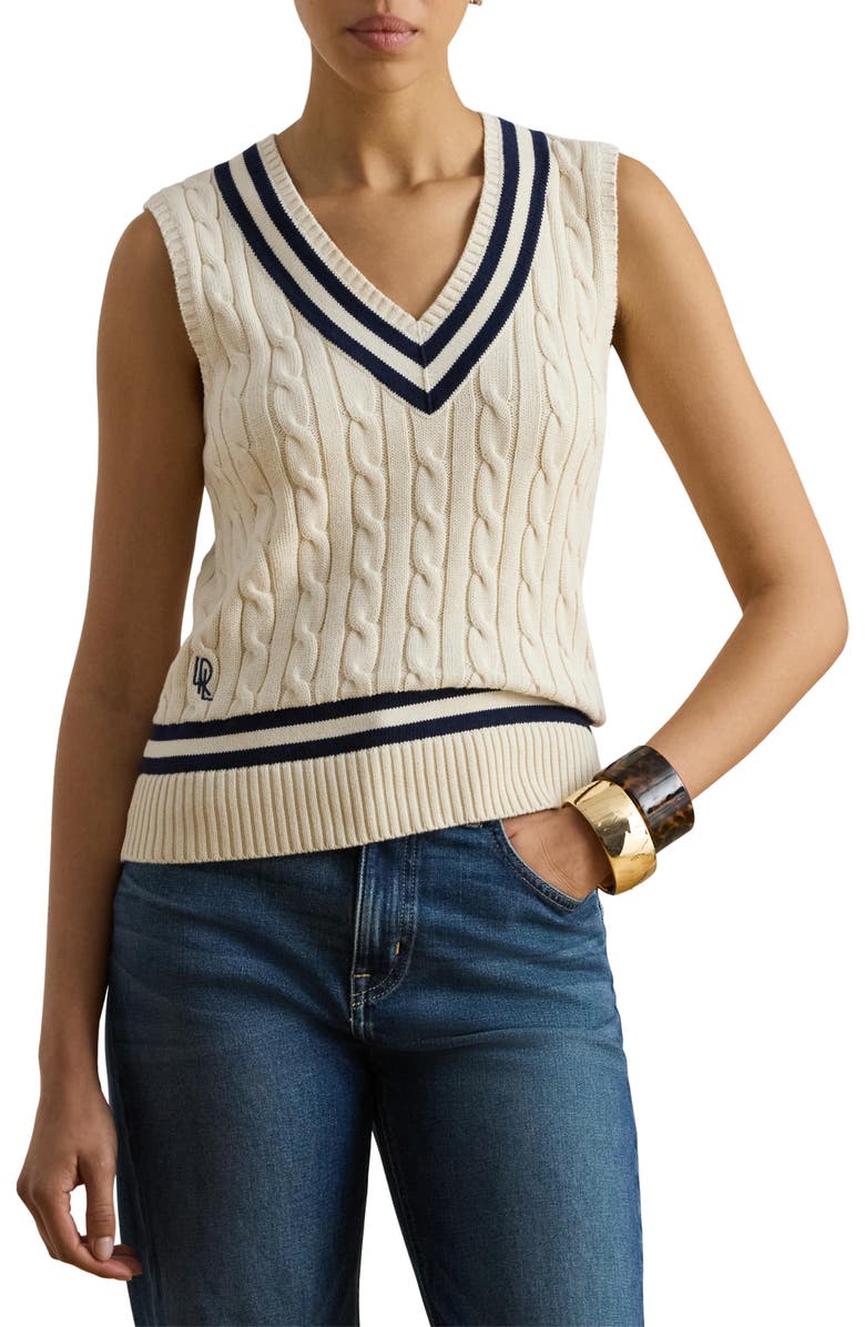 Lauren Ralph Lauren Nalrun Cable Stitch Cotton Cricket Sweater Vest, Main, color, Cream/ Refined Blue