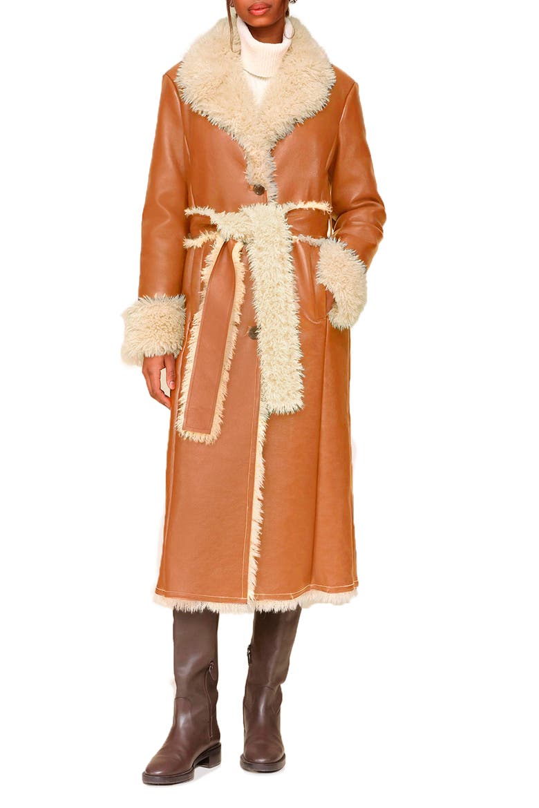 Faux Leather & Faux Shearling Belted Long Coat, Alternate, color, WHISKEY