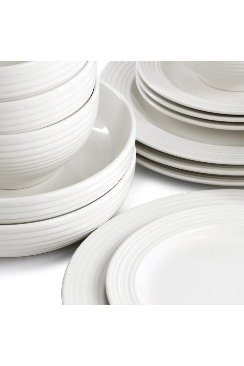 Nikki 18 Piece Ribbed White Porcelain Dinnerware and Serving Bowl Set, Alternate, color, White