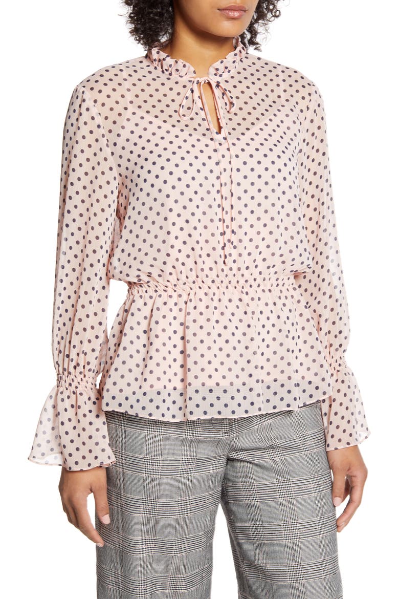 Polka Dot Long Sleeve Peplum Top, Main, color, MILLY DOT- BALLERINA PINK