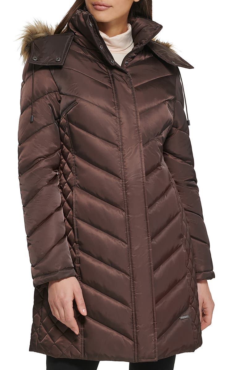 Kenneth Cole New York Faux Fur Trim Longline Puffer Jacket, Main, color, Dark Roast