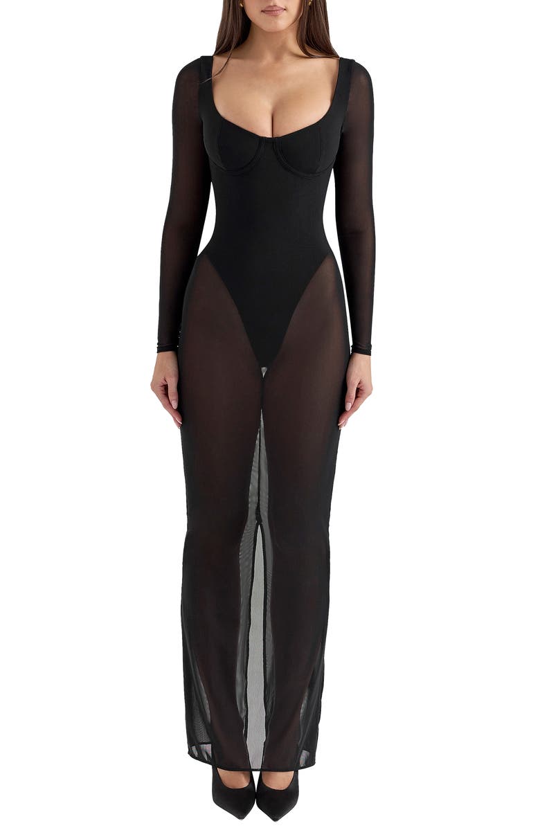 HOUSE OF CB Everly Long Sleeve Sheer Mesh Cocktail Maxi Dress, Main, color, Black