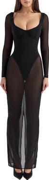 bra free long sleeve mesh maxi dress Women's Bra-Free Long-Sleeve Mesh Maxi Dress in Black Dot | Size XXS PETITE