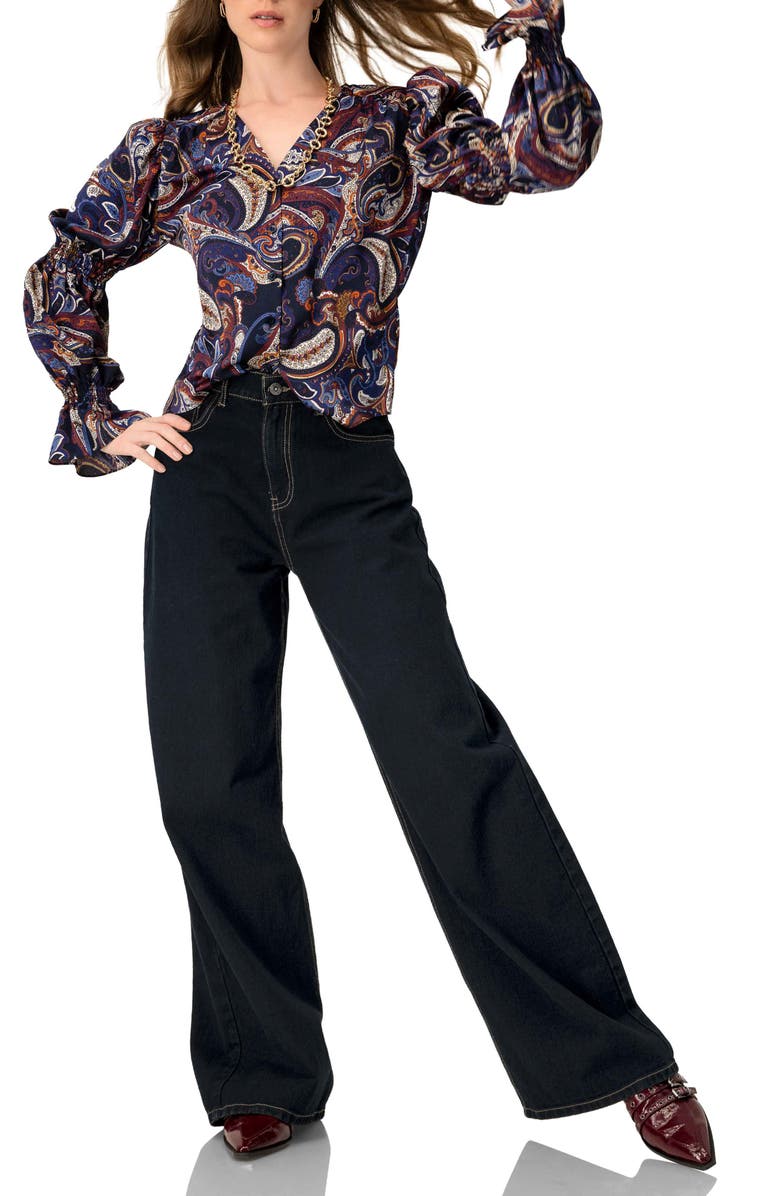 IVONNE V-Neck Printed Shirt With Smocked Sleeves, Alternate, color, Multi-Brown