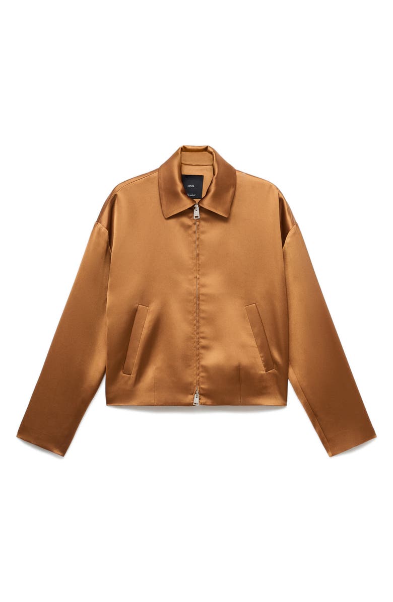 MANGO Front Zip Satin Jacket, Alternate, color, Cognac