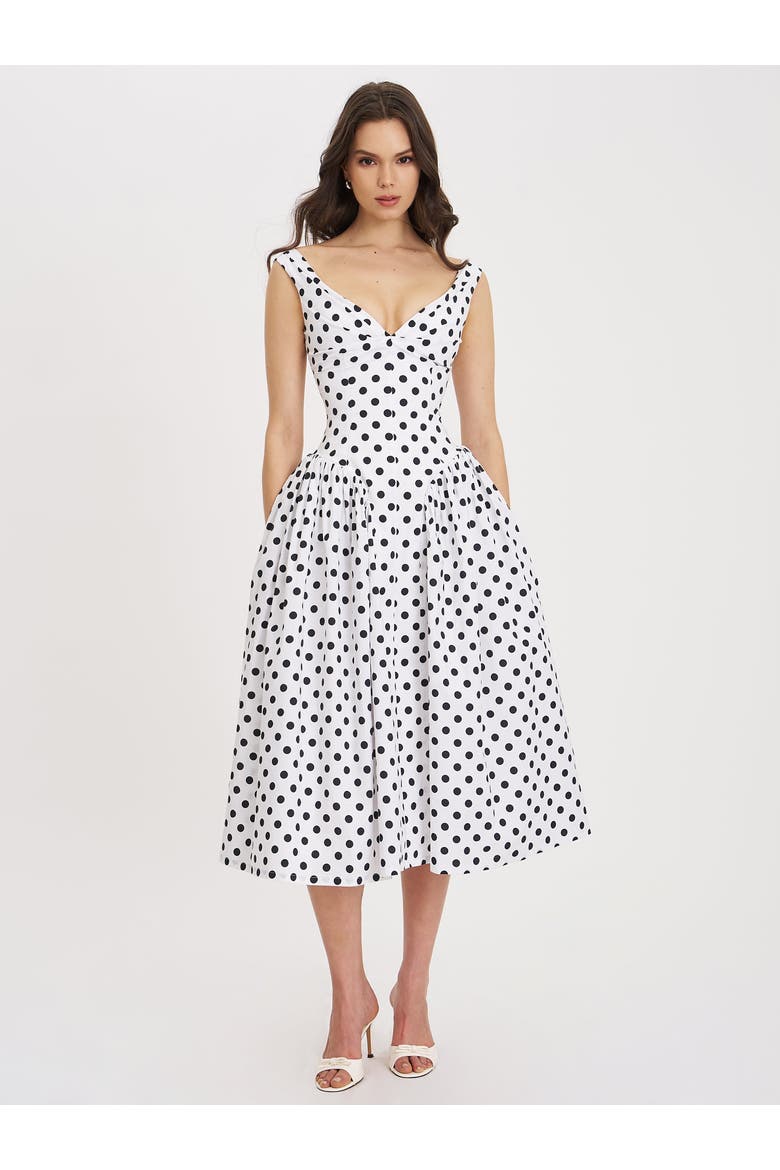 Rahma Polka Dot Drop Waist Midi Cotton Poplin Dress, Main, color, White with polka dot print