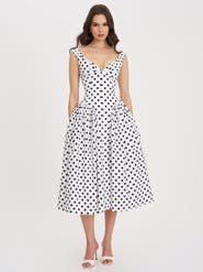 Miss Circle Rahma Polka Dot Drop Waist Midi Cotton Poplin Dress