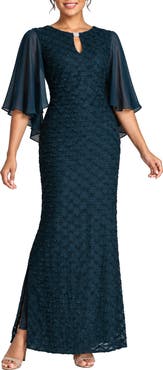 Connected Apparel Cape Sleeve Rhinestone Gown