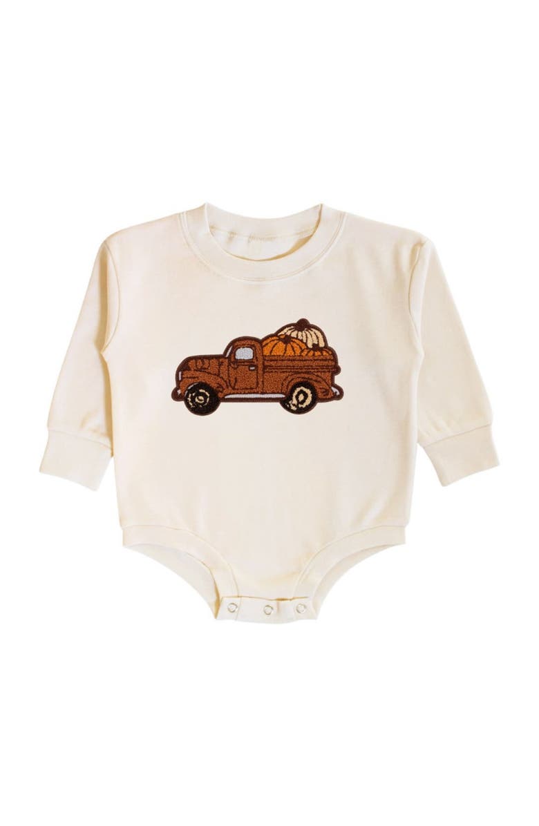 Sweet Wink Fall Truck Patch Long Sleeve Romper, Main, color, Natural