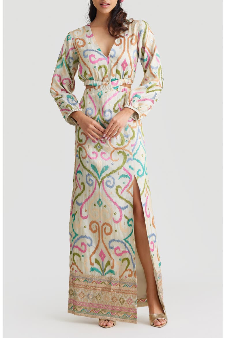 embellished maxi dress with long sleeves Yumi White Metallic Embellished Maxi Dress With Long Sleeves