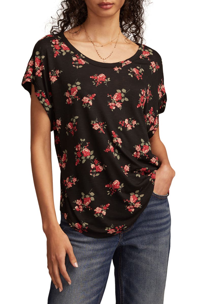 Lucky Brand Abstract Floral Short Sleeve Knit Top, Main, color, Black Floral