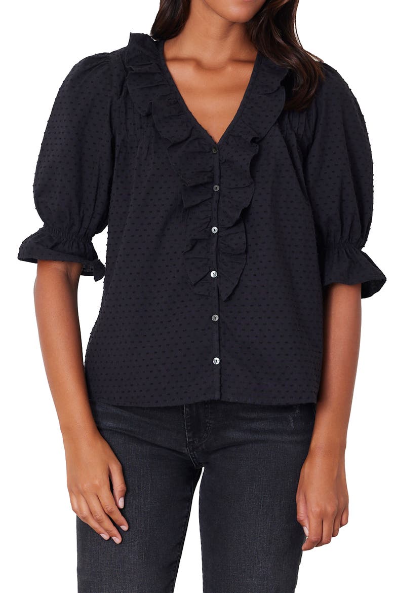 Chloe Swiss Dot Ruffle Shirt, Main, color, Black