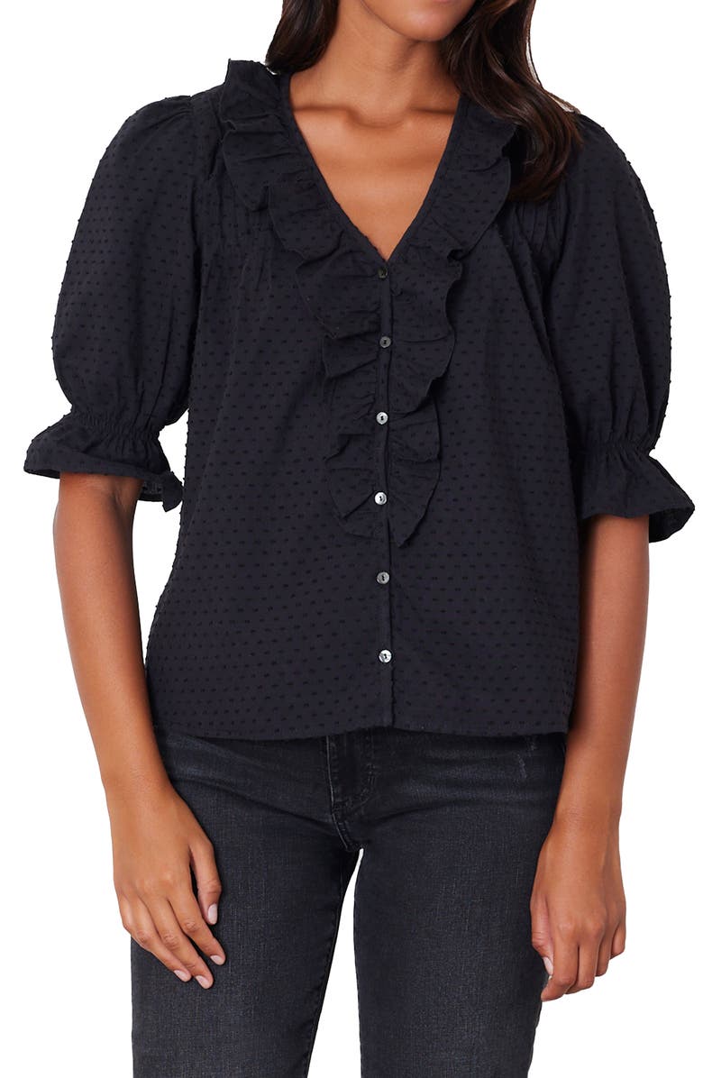 Paneros Clothing Chloe Swiss Dot Ruffle Shirt, Main, color, Black