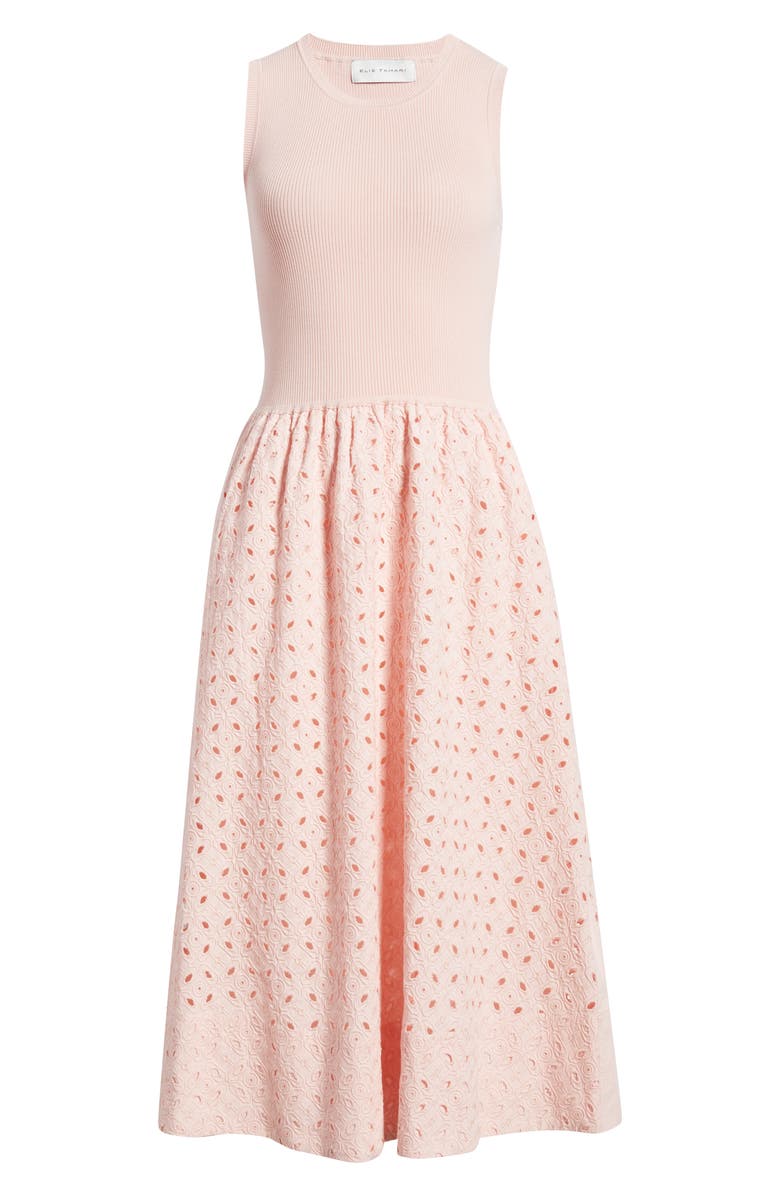 Elie Tahari Emma Sleeveless Rib & Broderie Anglaise Dress, Main, color, 