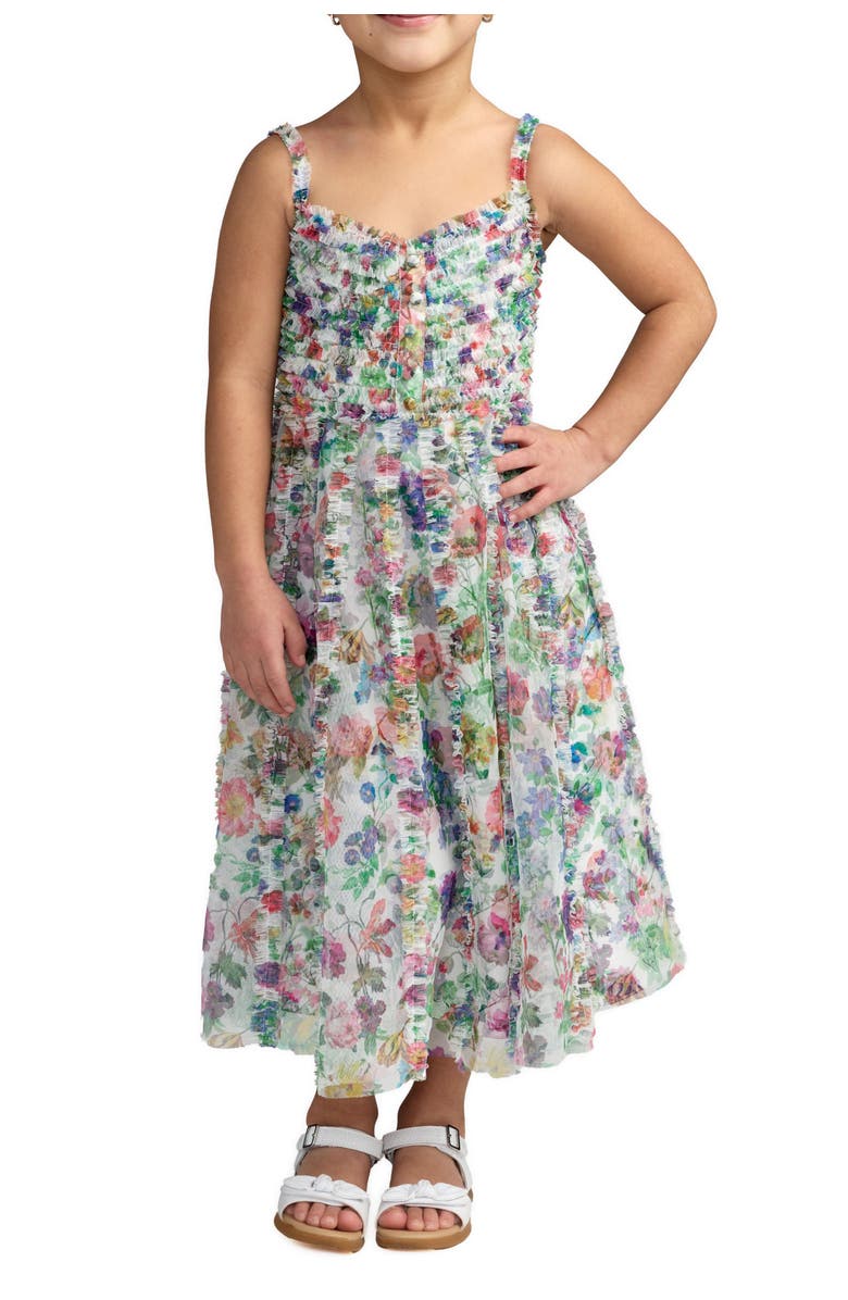 Mac Duggal Girls Mesh V-Neck Floral Print Mini Dress, Main, color, Multi