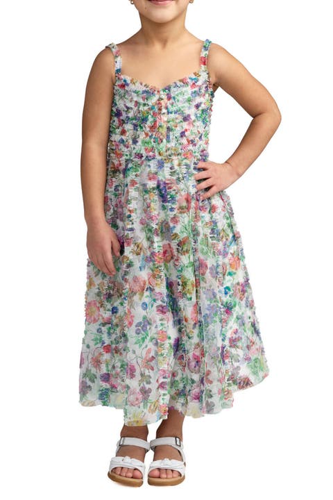 Girls Mesh V-Neck Floral Print Mini Dress