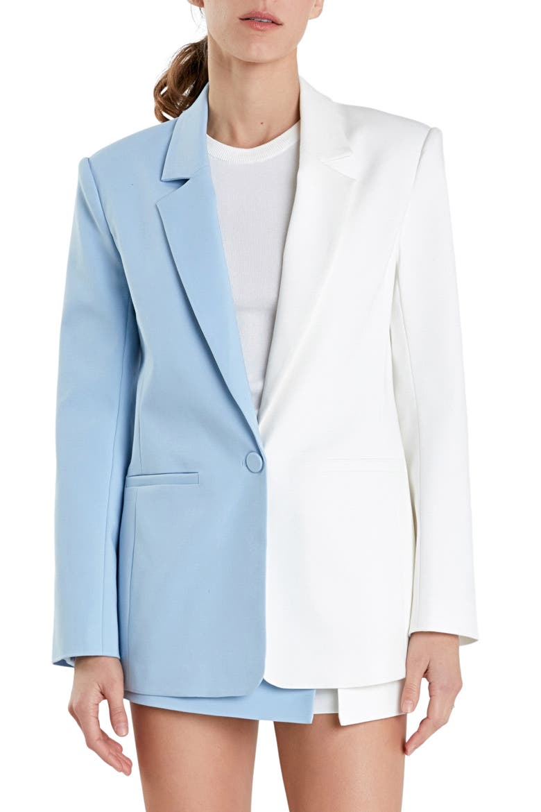 Colorblock Boyfriend Blazer, Main, color, POWDER BLUE/ WHITE