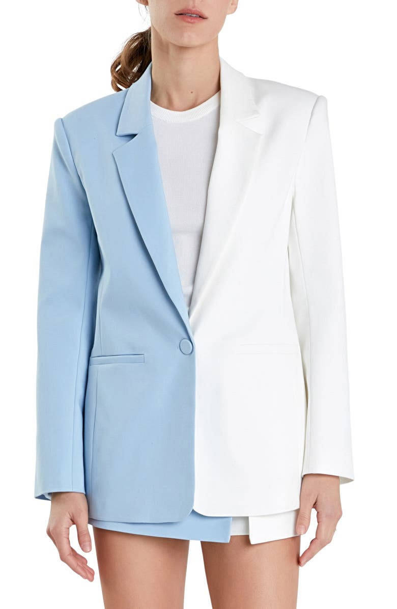 English Factory Colorblock Boyfriend Blazer, Main, color, Powder Blue/ White