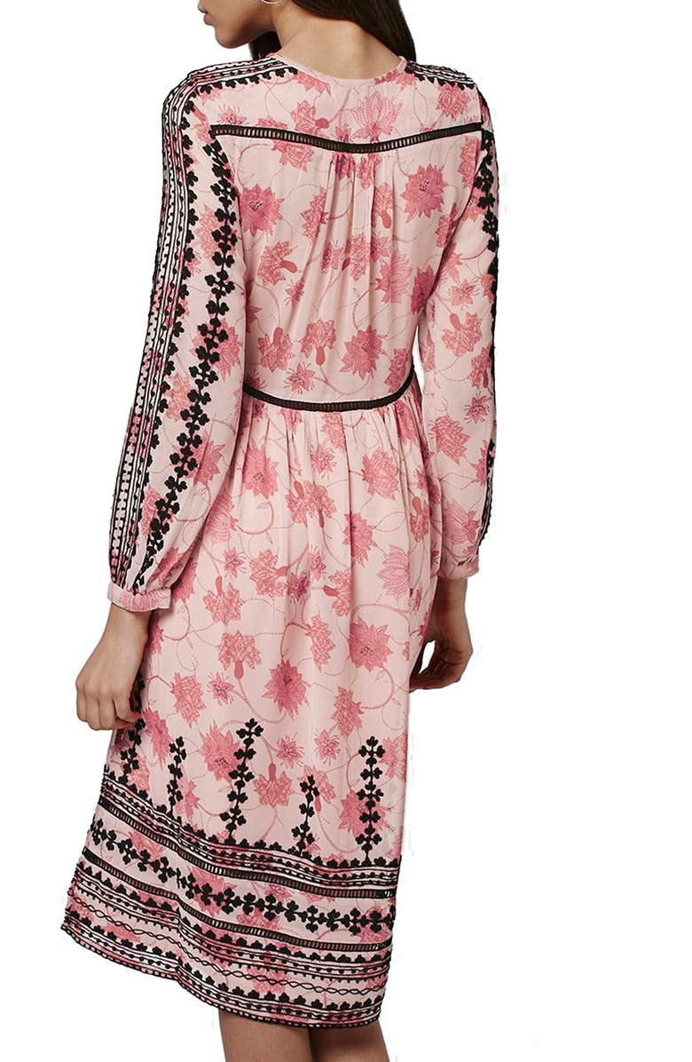 Topshop Embroidered Print Midi Dress, Alternate, color, 