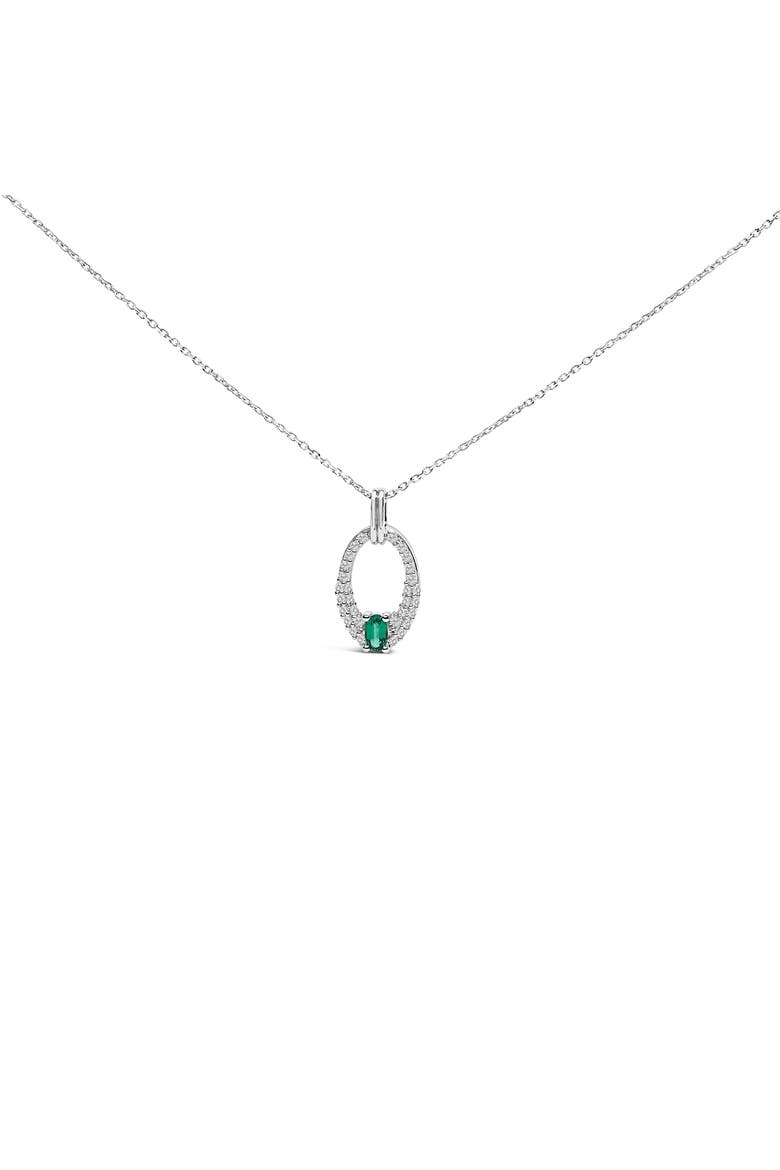 Silver Created Green Emerald and White Sapphire Oval Shaped Pendant Necklace, Main, color, White