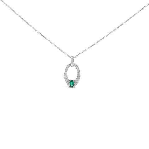 Silver Created Green Emerald and White Sapphire Oval Shaped Pendant Necklace