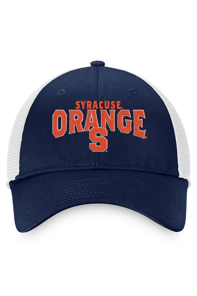 Men's Top of the World Navy/White Syracuse Orange Breakout Trucker Snapback Hat, Alternate, color, Navy