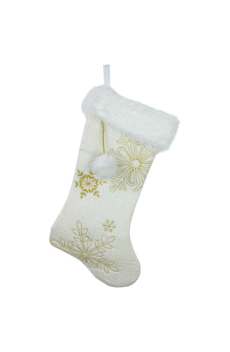 Northlight 20" Cream with Gold Snowflakes Christmas Stocking with Faux Fur Cuff, Main, color, 