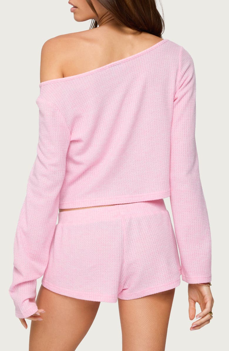 EDIKTED Teddy Off the Shoulder Waffle Knit Crop Top, Alternate, color, Light-Pink
