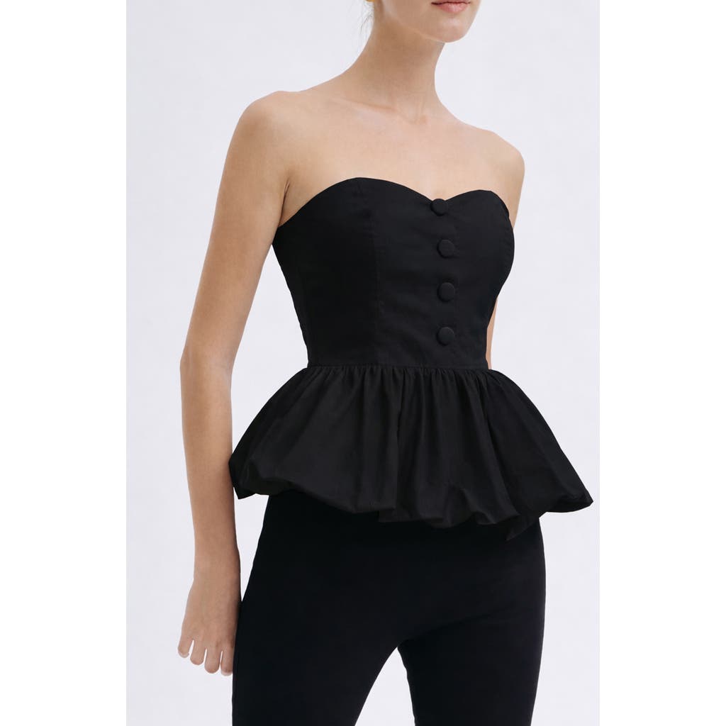 MAUDE CLUB Wyatt Strapless Cotton Bubble Hem Peplum Top in Black at Nordstrom, Size Small
