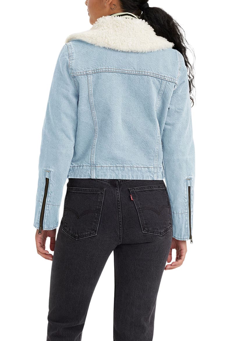 Retro Faux Fur Trim Zip-Up Denim Trucker Jacket, Alternate, color, Z2328 LIGHT INDIGO WORN IN