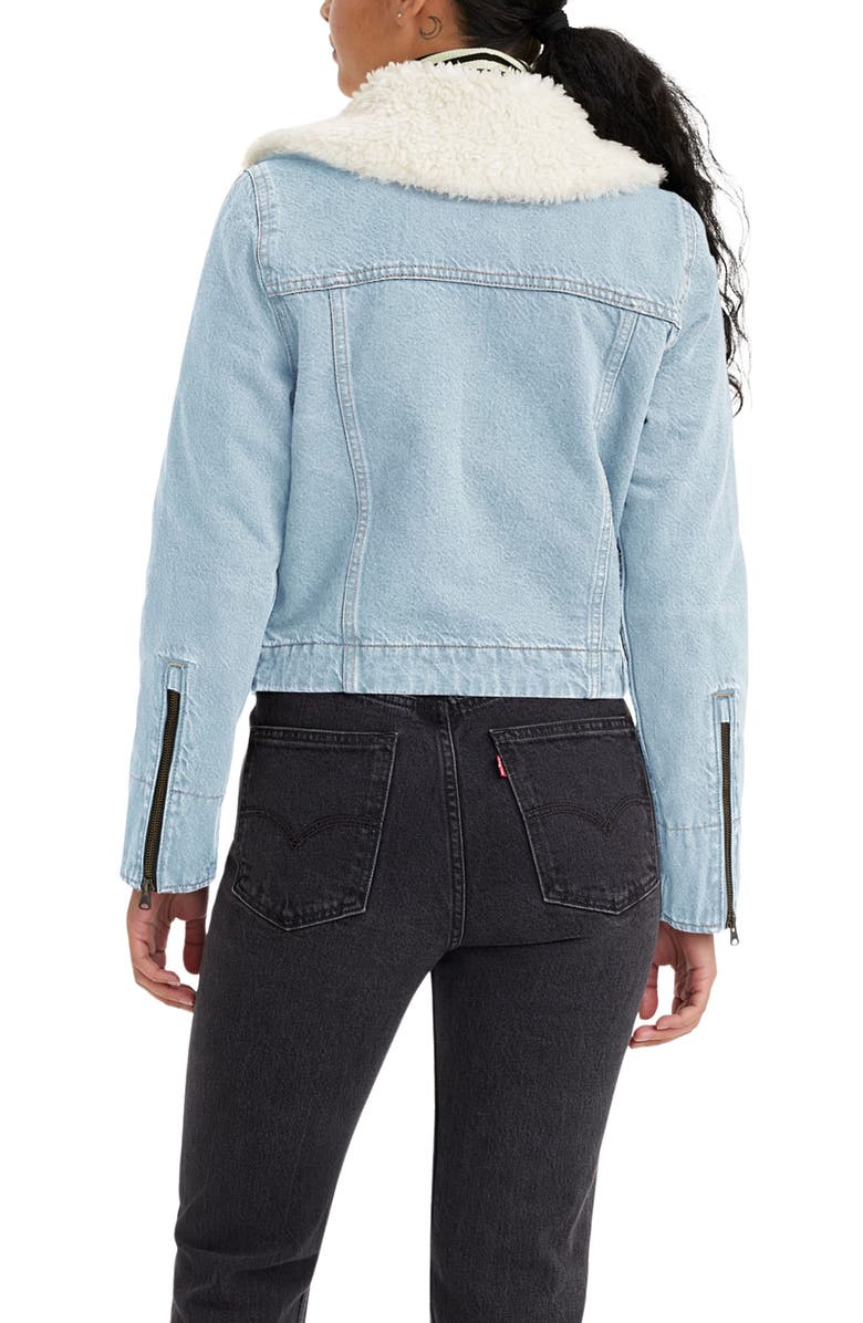 Levi's<sup>®</sup> Retro Faux Fur Trim Zip-Up Denim Trucker Jacket, Alternate, color, 