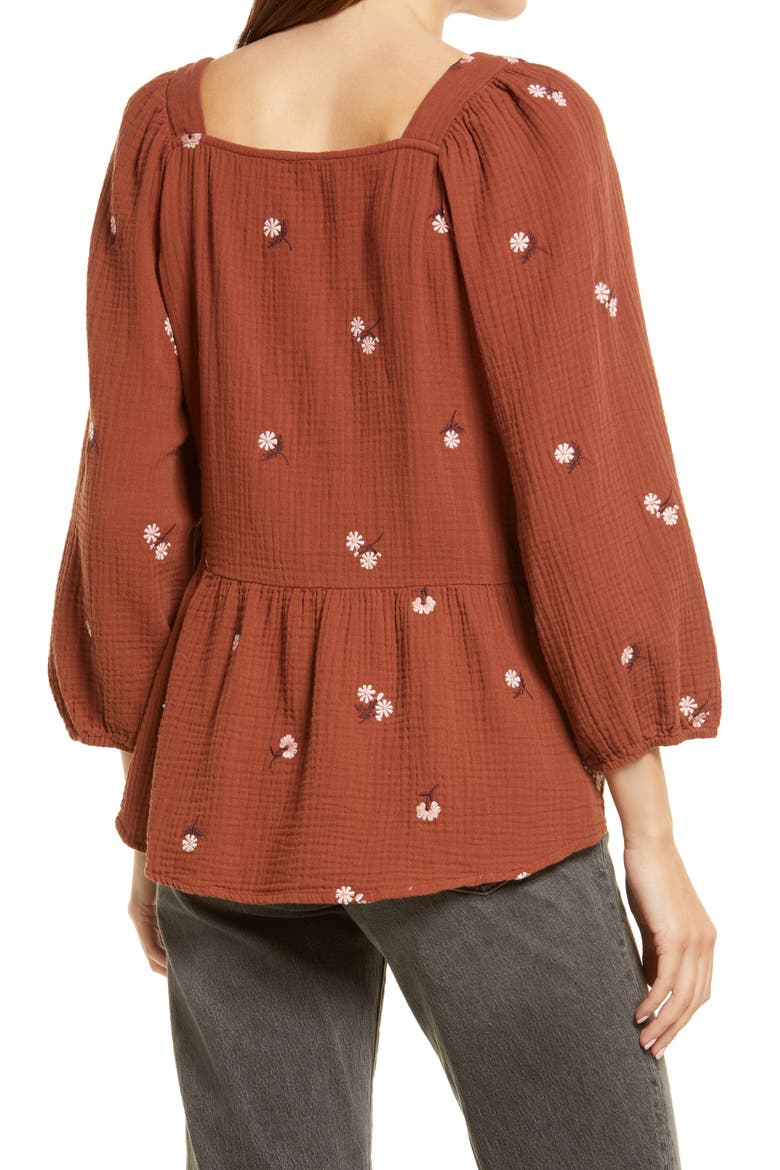 Millbrook Amie Floral Embroidered Puff Sleeve Lightspun Peplum Top, Alternate, color, MAPLE SYRUP