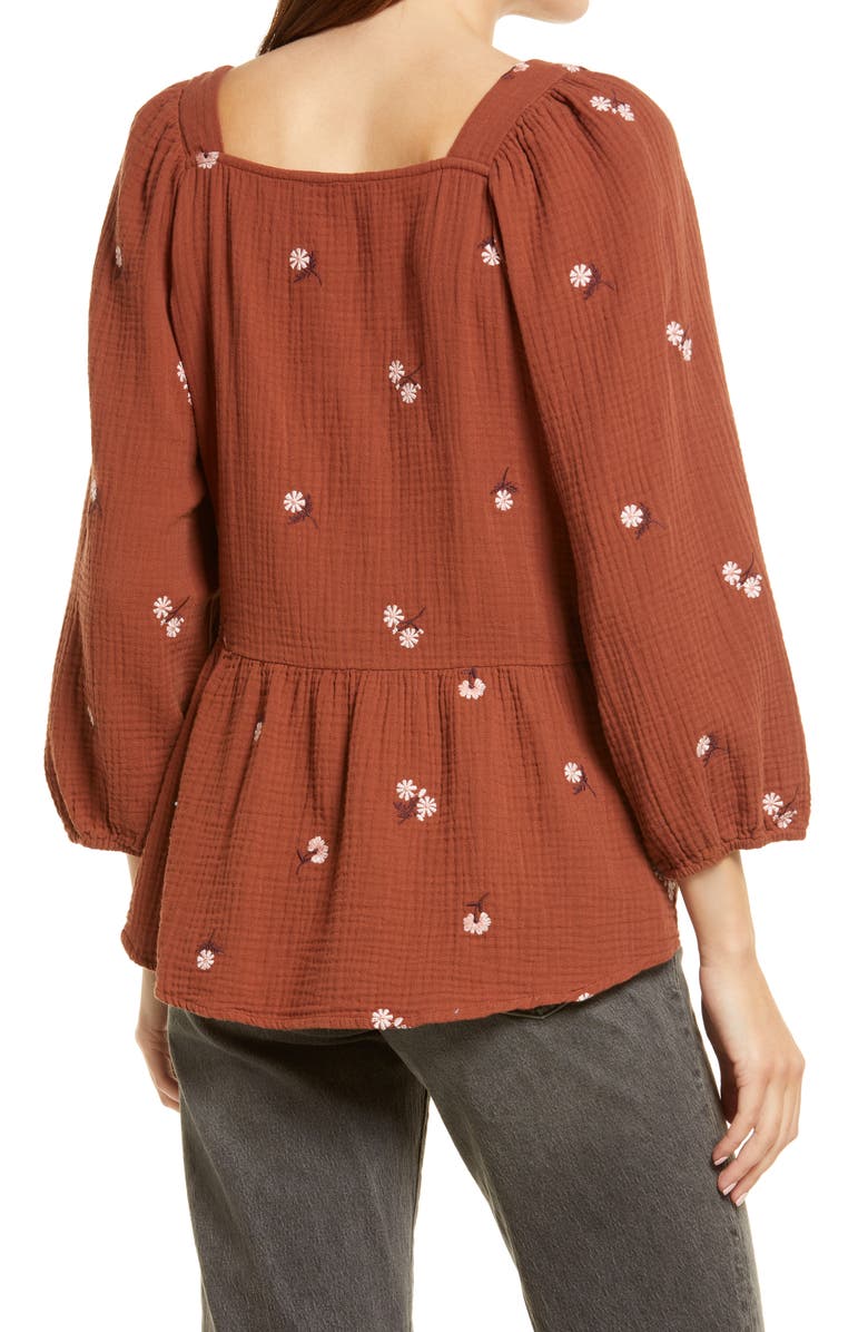 Madewell Millbrook Amie Floral Embroidered Puff Sleeve Lightspun Peplum Top, Alternate, color, 