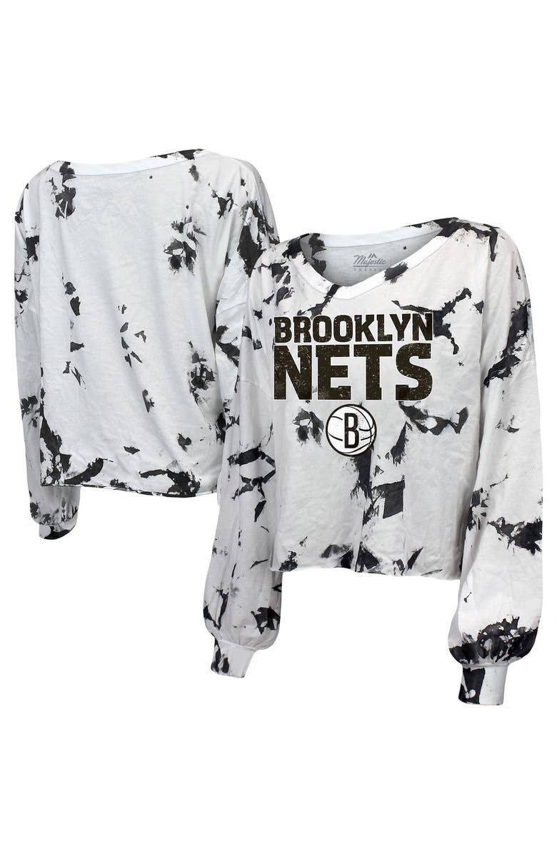 Majestic Threads Women's Majestic Threads White/Black Brooklyn Nets Aquarius Tie-Dye Cropped V-Neck Long Sleeve T-Shirt, Main, color, Black