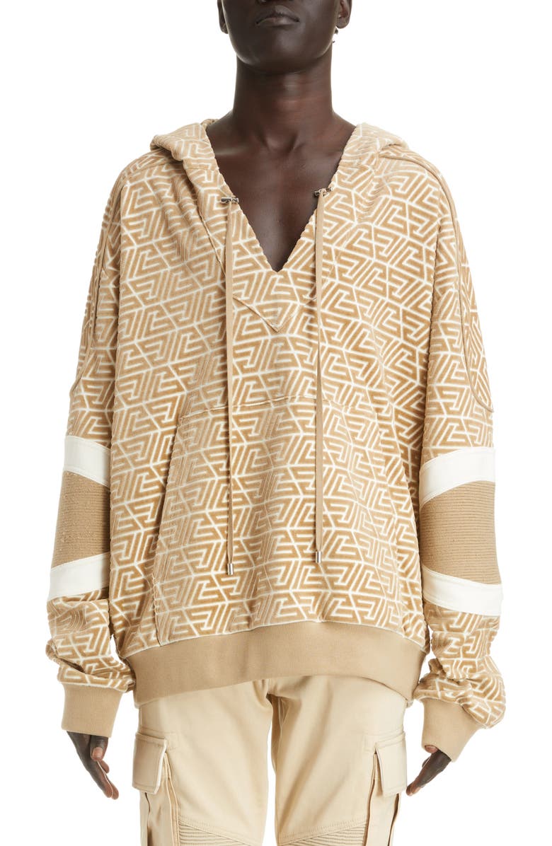 Balmain Pyramid Monogram Mixed Media Hoodie, Main, color, 
