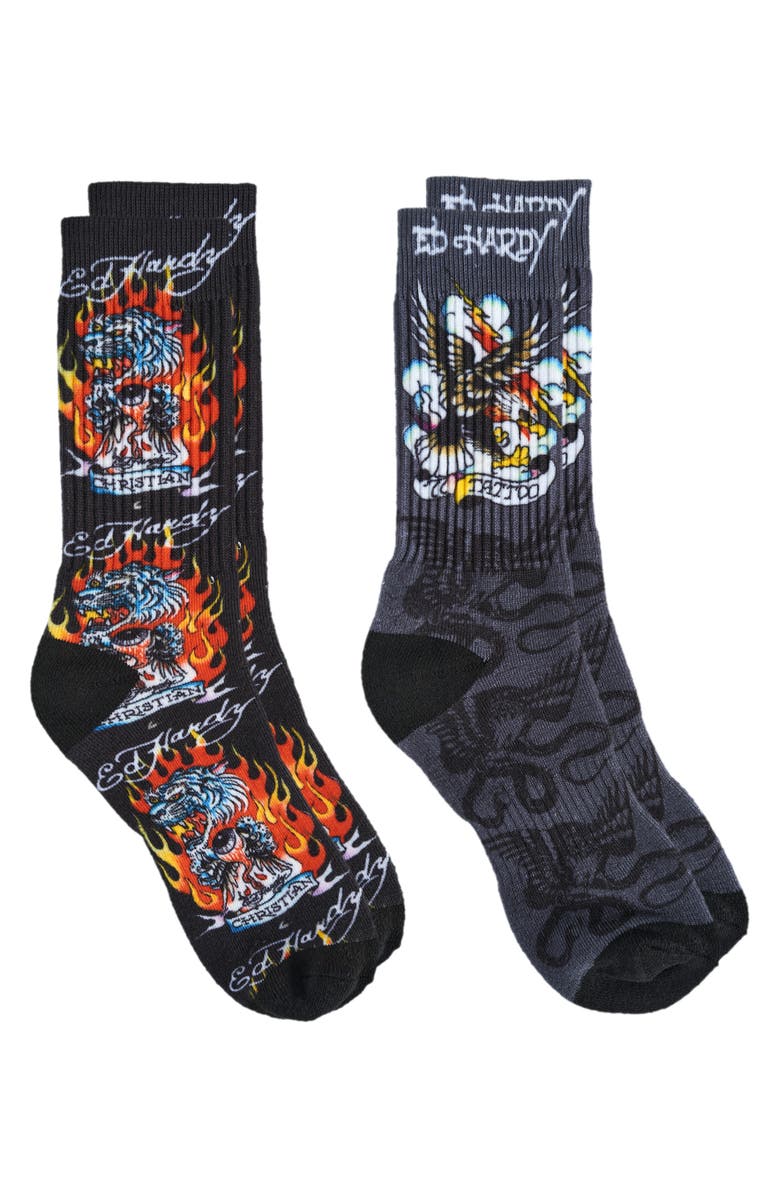 Ed Hardy Flaming Eagle 360 Print Full Cushion Crew Sock 2-Pack, Alternate, color, Black