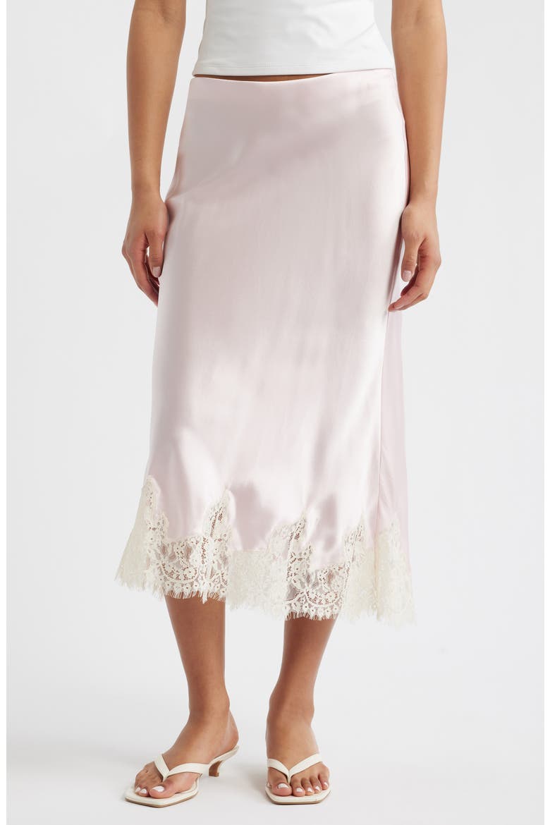 Carolina Lace Trim Silk Midi Skirt, Main, color, CHERRY BLOSSOM