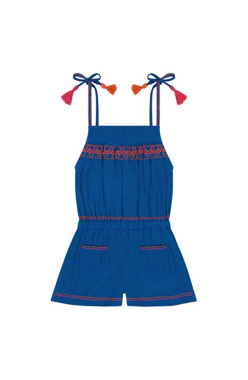 Mer St. Barth Inez Girl's Shoulder Tie Romper Classic Blue Embroidery In Blue