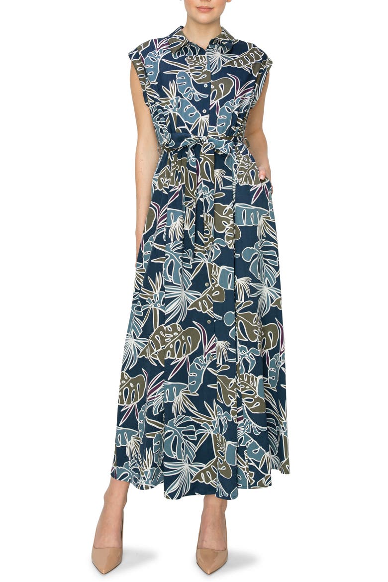 Tropical Print Extended Shoulder Shirtdress, Main, color, NAVY TROPICAL