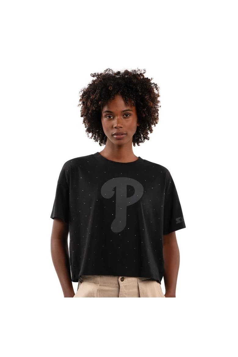 Women's Starter Black Philadelphia Phillies Rhinestone Sprinkle Boxy Cropped T-Shirt, Main, color, Black