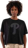 STARTER Women's Starter Black Philadelphia Phillies Rhinestone Sprinkle Boxy Cropped T-Shirt