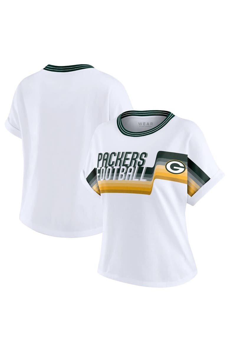 WEAR by Erin Andrews Women's WEAR by Erin Andrews White Green Bay Packers Cropped Center Stripe Dolman T-Shirt, Main, color, White