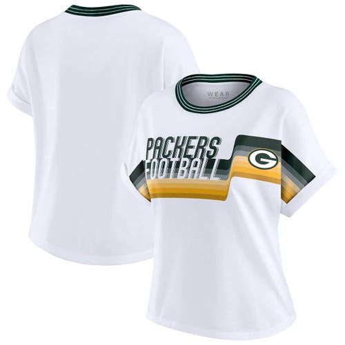 Wear By Erin Andrews White Green Bay Packers Cropped Center Stripe Dolman T-shirt In White