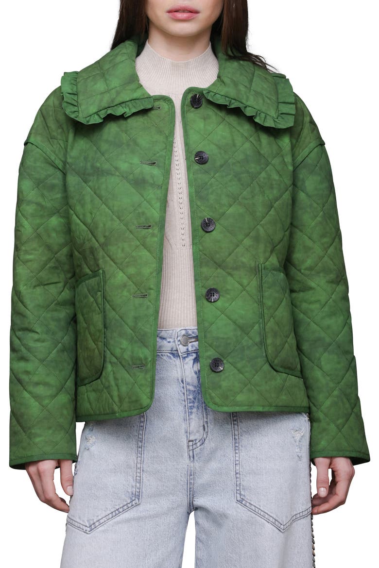 Ruffle Collar Quilted Jacket, Main, color, OLIVE