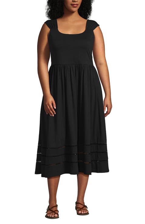 Plus Size Slub Cap Sleeve Shirred Skirt Midi Dress